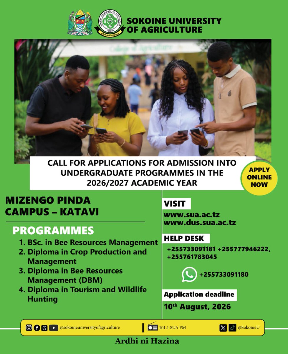 SokoineU's tweet photo. 📍Call for applications for admission into undergraduate programmes in the 2026/27 academic year. https://t.co/ed84I8H1sm
