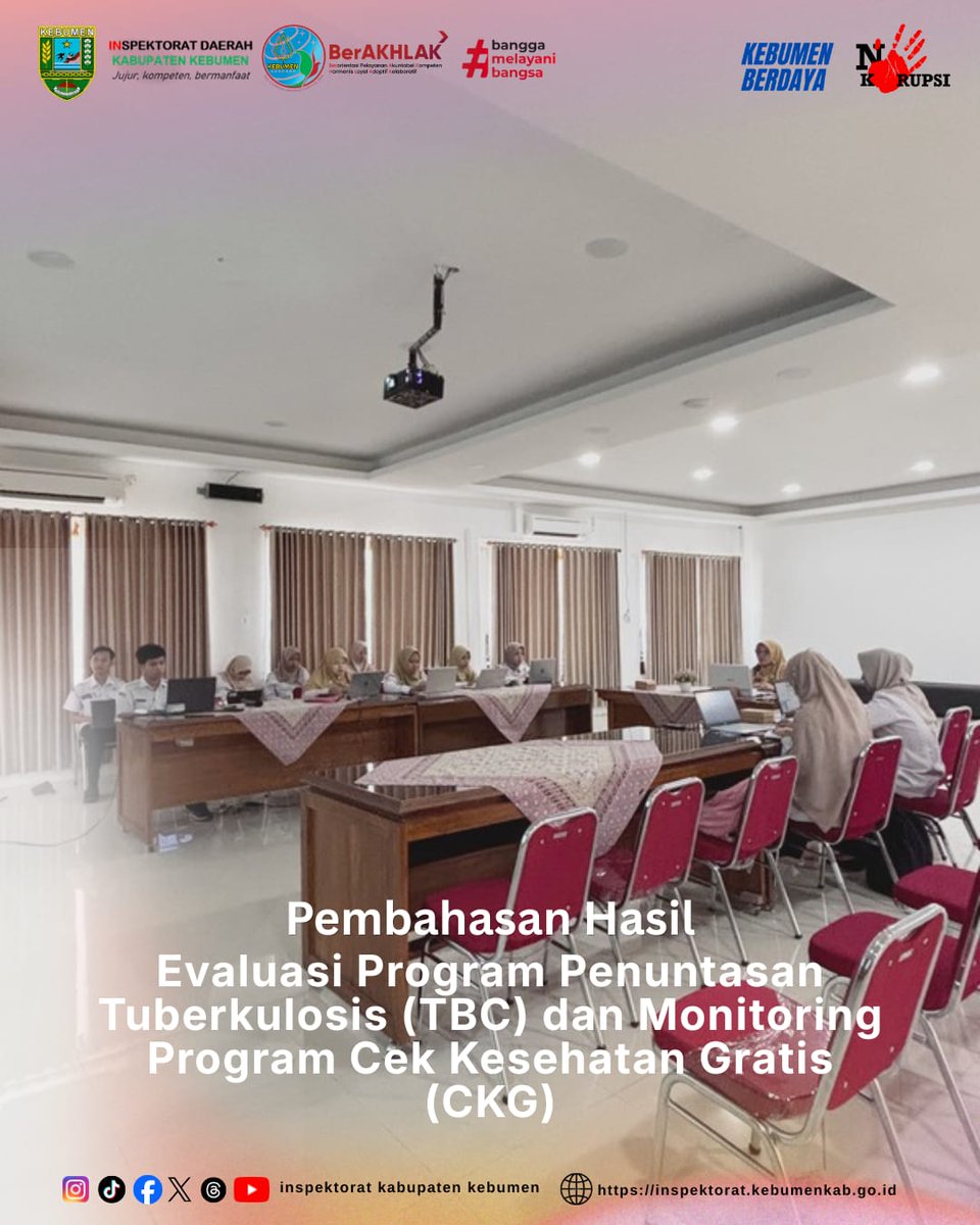 itda_kebumen's tweet photo. Inspektorat Daerah Kabupaten Kebumen melaksanakan Pembahasan Hasil Evaluasi Program Penuntasan Tuberkulosis (TBC) dan Monitoring Program Cek Kesehatan Gratis (CKG) di Ruang Integritas Inspektorat Daerah. https://t.co/HJAtiQTBUk