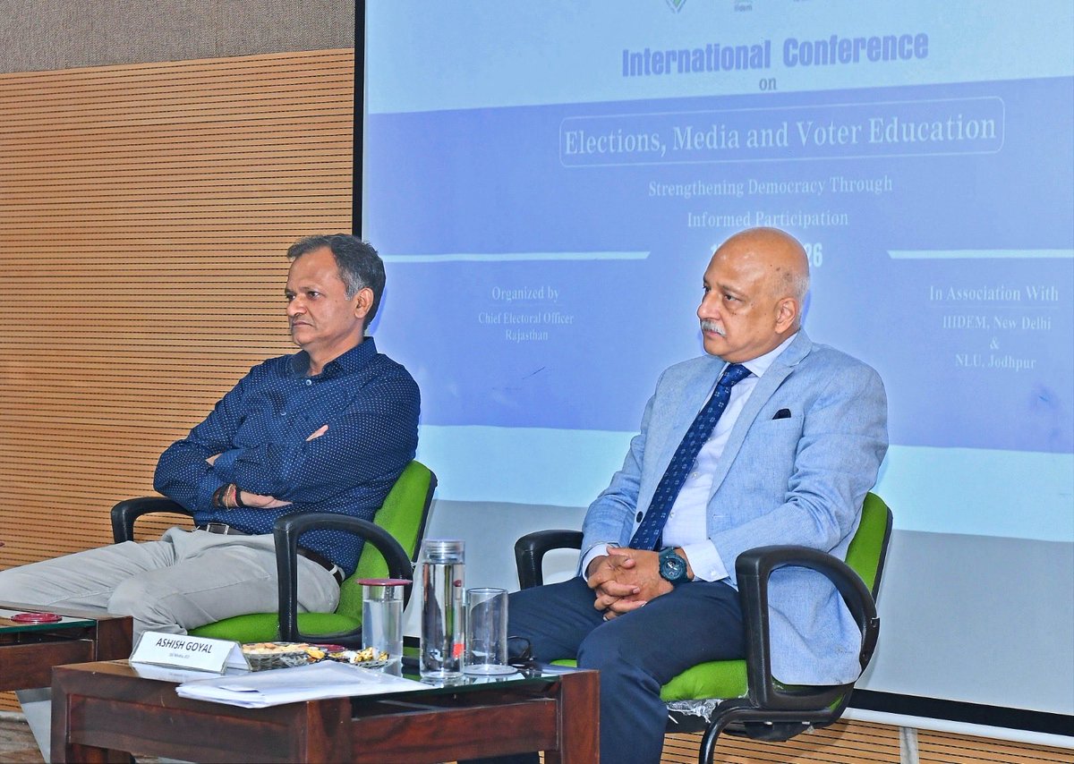 CeoRajasthan's tweet photo. 🗳️ At the "Elections, Media and Voter Education " Conference , DG (Media) ,ECI , Shri Ashish Goyal delivered a keynote address on - Communicating the World's  Largest Democracy highlighting scale, magnitude, inclusivity and uniqueness of Indian Electoral system.

#ECI #IIIDEM #NLUJodhpur 
#ElectionDepartmentRajasthan #Croatia    #Georgia #Guyana #Nepal #Philippens #Uzbekistan   #Elections #Media #VoterEducation #Democracy #InternationalConference #Rajasthan #YourVoteYourVoice
@ECISVEEP @DIPRRajasthan 
@DDNational @airnews_jaipur
@rajeduofficial @ccerajasthan