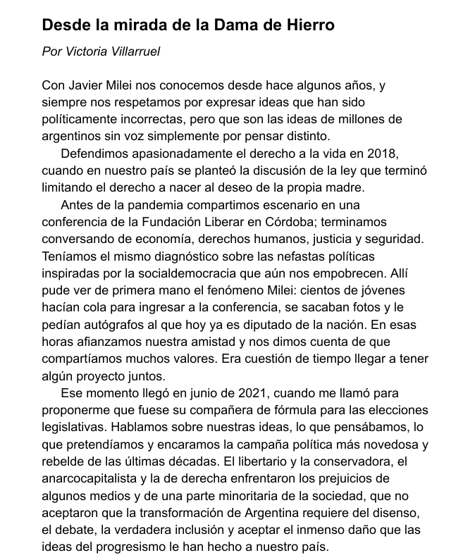 fwasserm's tweet photo. No sólo acompañó durante años a Milei sabiendo que era un fan de Thatcher (y de Reagan) sino que cuando Milei publicó el libro "El camino del libertario" incluyó un texto de Villarruel en el que ella misma se presentaba como "la Dama de Hierro". https://t.co/VmL0SO2lgY