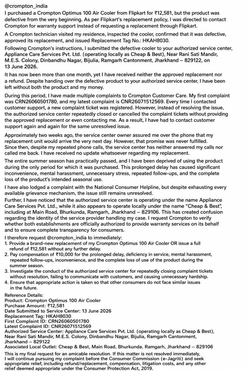 RajKumar159321's tweet photo. @Crompton_India  My complete issue is explained in the attached image. Please resolve it urgently.
@Flipkart @nch1915 @jagograhakjago @ConsumerCom
@Murugappa_Group @PromeetGhosh @JoshiPralhad @inidhikhare https://t.co/X59W5AO4K7