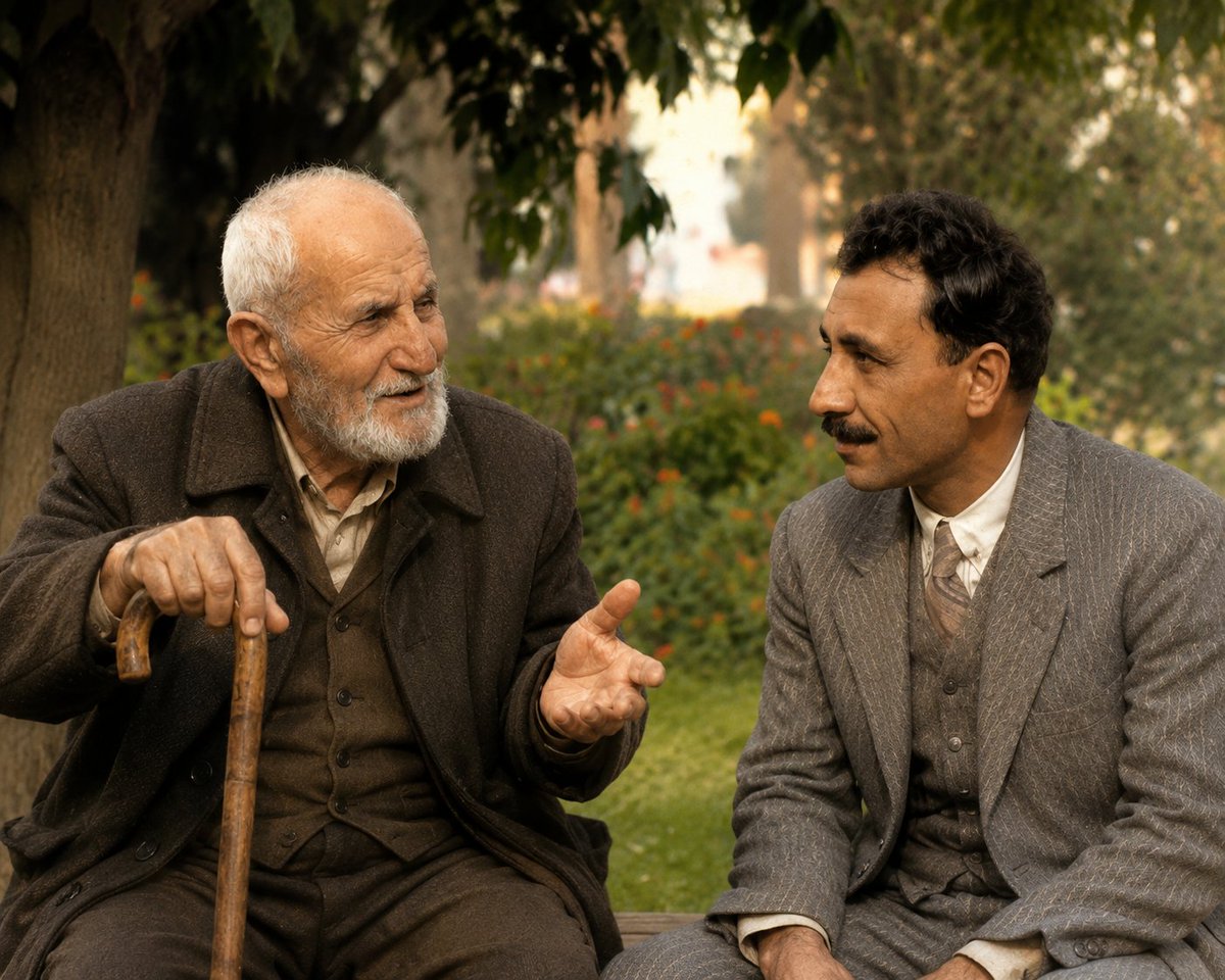 brahimaluci's tweet photo. Mîr Celadet Elî Bedirxan (26.04.1893 - 15.07.1951), ji bo ku kovara Hawarê derxe, kaxiz ji Îngîlîz û Fransiyan distend û nîvê wan kaxizan li Şamê li sûka reş difirot, da ku bikaribe kovarê çap bike. Paşê ev jî têra wî nekir; rabû bîrek kola da ku pembo biçîne û bi vî awayî bikaribe xizmeta zimanê kurdî bike. Lê erdê bîrê hilweşiya ser wî... 

Min bavê xwe winda kir (ez gelekî li dû wî giriyam)

Ehmed Kurdî (1927, Tinatê - 

Yekem mirovê ku bi "hespikê hesinî" (bicycle) kovara Hawarê belav dikir.

Wêne: Ehmed Kurdî û Mîr Celadet, bi Hişê Çêkirî - HÇ (AI)