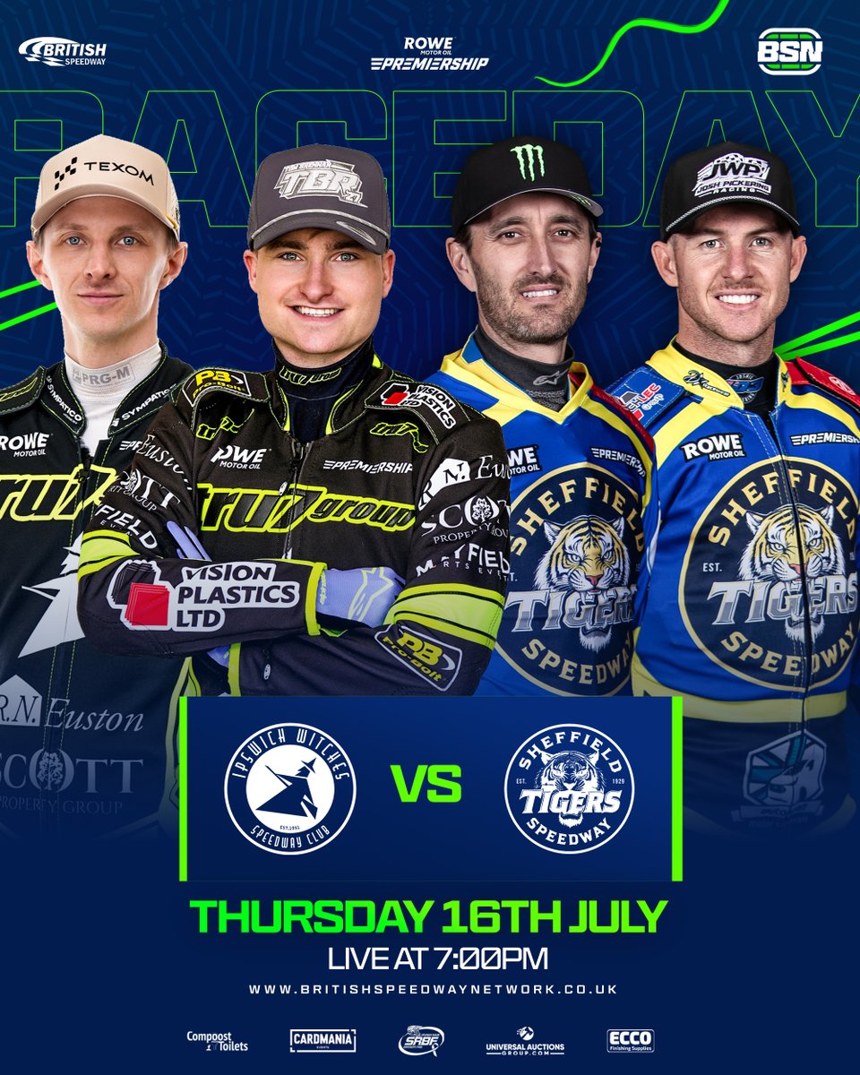 watchspeedway's tweet photo. 🧙‍♀️🆚🐯 | We go live from Foxhall Stadium tonight (Thursday) with ROWE Motor Oil Premiership action between Ipswich and Sheffield!

⏰ Live @ 7pm
📺 Stream: https://t.co/yTqTLGa3CF

🇬🇧 @SpeedwayGB https://t.co/ByFXgABFd4