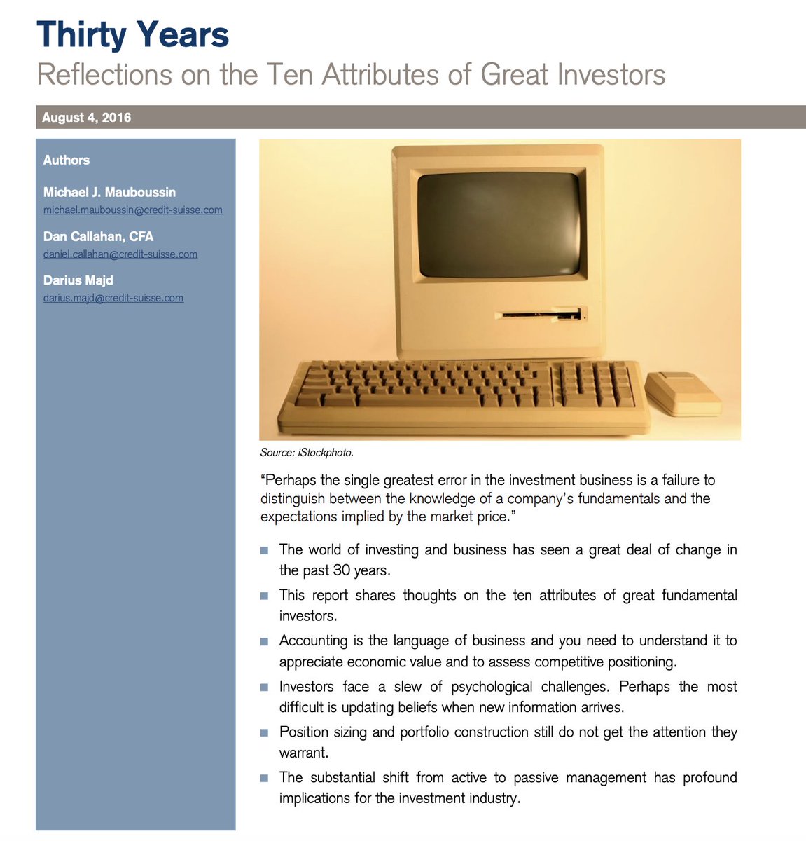 acgozen's tweet photo. Defalarca okuduğum ve her seferinde yeni bir şey öğrendiğim metinlerden biri, Michael Mauboussin’in Wall Street’teki 30. yılı vesilesiyle Dan Callahan ve Darius Majd ile birlikte hazırladığı Thirty Years raporu.

Mauboussin’e göre iyi yatırımcıyı diğerlerinden ayıran 10 temel özellik:

1. Sayılarla aran iyi olsun, muhasebeyi öğren. Finansal tabloları okumak yetmez. Kâr ile nakit akışını, büyüme ile değer yaratımını birbirinden ayırabilmek gerekir.

2. Değeri doğru tanımla. Bir şirketin değeri bugünkü çarpanından değil, gelecekte yaratacağı serbest nakit akışından gelir.

3. Şirketin nasıl para kazandığını anla. Rekabet avantajının kaynağını ve bunun ne kadar sürdürülebilir olduğunu çöz.

4. İyi şirket ile iyi hisseyi karıştırma. Yatırım getirisini belirleyen, şirketin performansı ile piyasanın beklentisi arasındaki farktır.

5. Olasılıklarla düşün. Her zaman haklı çıkmaya çalışma. Haklı olduğunda çok kazanıp, yanıldığında az kaybetmeye odaklan.

6. Yeni bilgi geldikçe fikrini güncelle. İnançlarını savunma. Test et. Seni yanlışlayacak kanıtları özellikle ara.

7. Kendi psikolojini yönet. Çapalama, doğrulama yanlılığı ve kayıptan kaçınma gibi zihinsel tuzakların farkında ol.

8. Fiyatın ne söylediğini sorgula. Her fiyat hareketi yeni bir bilgi taşımaz. Bazen sadece kalabalığın davranışını yansıtır.

9. Pozisyon büyüklüğünü ciddiye al. İyi fikir bulmak kadar, ona doğru ağırlığı vermek de yatırımın bir parçasıdır.

10. Sürekli öğren. Sadece finans değil, psikoloji, tarih, biyoloji ve teknoloji de daha iyi yatırım kararları almanı sağlar.