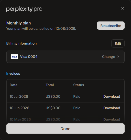 GeekyVikas's tweet photo. 🚨 CANCELLED MY Perplexity Pro

I just cancelled my Perplexity Pro subscription, which I got for free last year through the Airtel Thanks app.

Many of you might still be subscribed, so make sure to cancel it before you get charged.

Or are you planning to continue using it? https://t.co/6H2fDryjKD