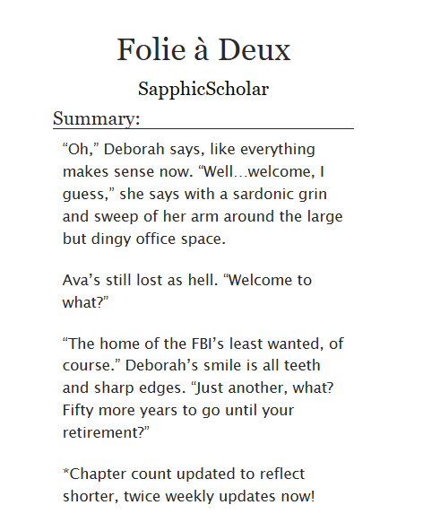 AvorahOfOurOwn's tweet photo. 📖Folie à Deux by @SapphicScholar 
⭐ Explicit
✅ Multi-chapter - Complete
🌀 AU
💘 X-Files inspired, forced to work together
🔗 https://t.co/E6465WHLN1 https://t.co/m19Y1rckSj