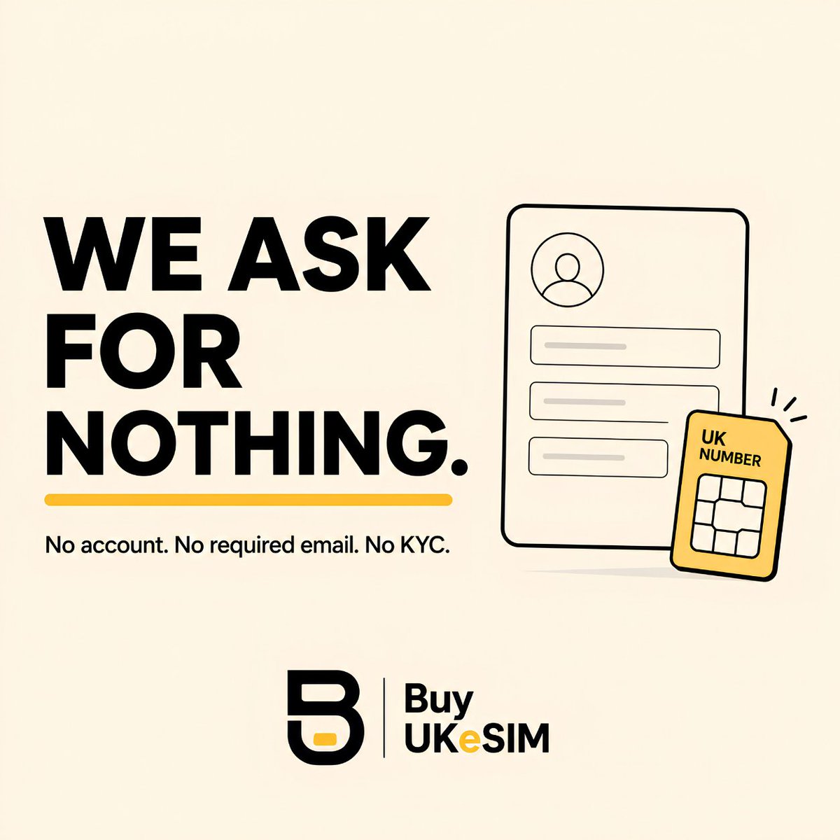 buyukesimcom's tweet photo. We don’t need your profile, your #ID, or a new account.

Choose your #eSIM, pay with crypto, and receive your QR in minutes. No required email. No KYC. No unnecessary questions.

We ask for nothing. You get #UK +44 Number eSIM. https://t.co/FryRrfsfAw