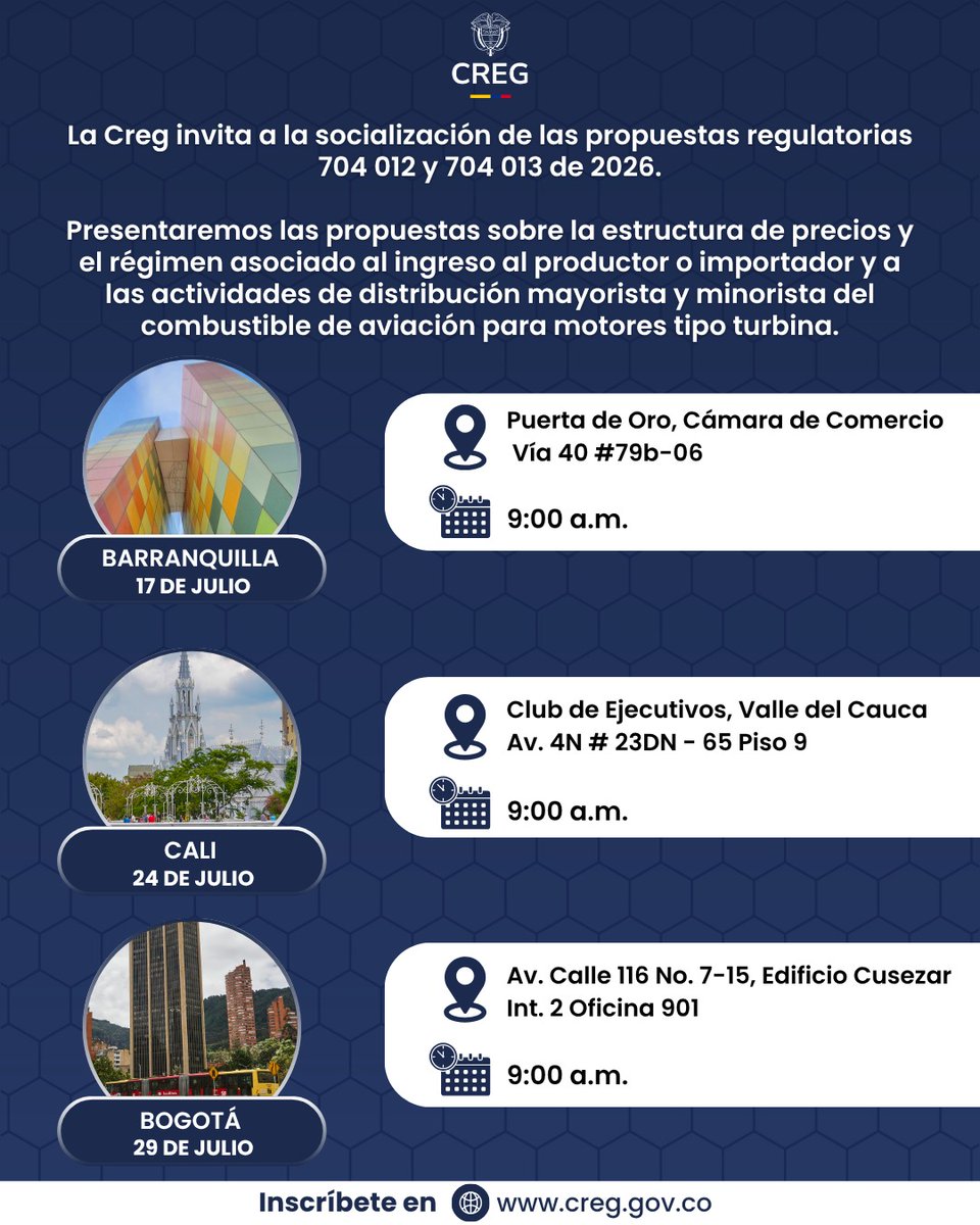 comisioncreg's tweet photo. ¡Atención Barranquilla, Cali y Bogotá!

Avanzamos en la construcción de la nueva estructura de precios del combustible de aviación (JET).

Participa en las audiencias de socialización de los Proyectos de Resolución CREG 704 012 y 704 013 de 2026. https://t.co/GNxNbhs2DW