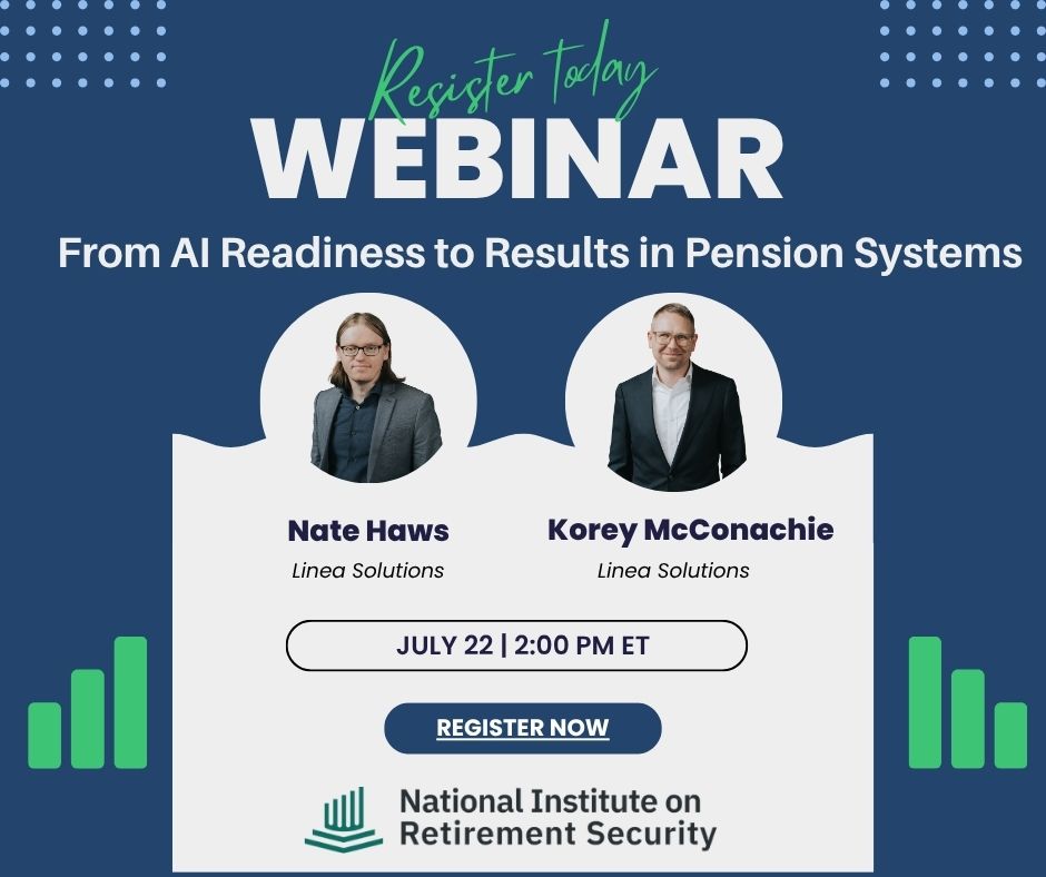 NIRSonline's tweet photo. AI is transforming public pension administration. Is your organization ready? Join us for a webinar next week with Linea Solution to gain critical insights! 
https://t.co/FDUeOcl3MH
#Pensions #AI #Retirement  #GovTech #Innovation https://t.co/iNiF0LepSv