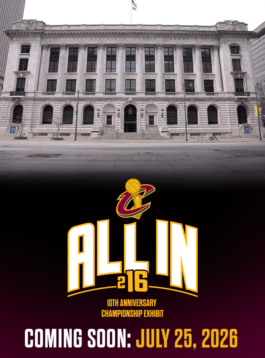cavs's tweet photo. 🏆 Ten years later, we're still ALL IN.
On July 25, join us at the Main Branch of the @Cleveland_PL as we unveil the All In 2016: 10th Anniversary Championship Exhibit—a tribute to the team, the city, and the championship that changed everything.
Featuring authenticated memorabilia from the historic 3-1 comeback, unforgettable moments on the court, and the championship parade that brought Cleveland together. #LetEmKnow
LEARN MORE: https://t.co/ZQSjpZtDfY