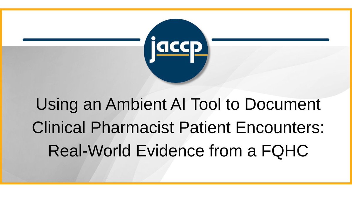 JACCPJournal's tweet photo. Ambient AI documentation tools were associated with reduced documentation time among ambulatory care clinical pharmacists and may enable increased clinical capacity. OPEN ACCESS: https://t.co/vaXny9IEEq https://t.co/F9Xi2sCsz7