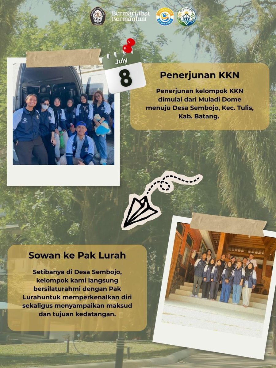 Sizzatul_23's tweet photo. 🍃 [WEEKLY REPORT — First Week] ✨
Pekan pertama KKN di Desa Sembojo menjadi awal perjalanan kami dalam mengenal lebih dekat masyarakat dan lingkungan sekitar. Melalui silaturahmi dengan perangkat desa dan masyarakat.

#KKNUndip2026
#KKNDesaSembojo
#P2KKN https://t.co/2oMi736PQ9