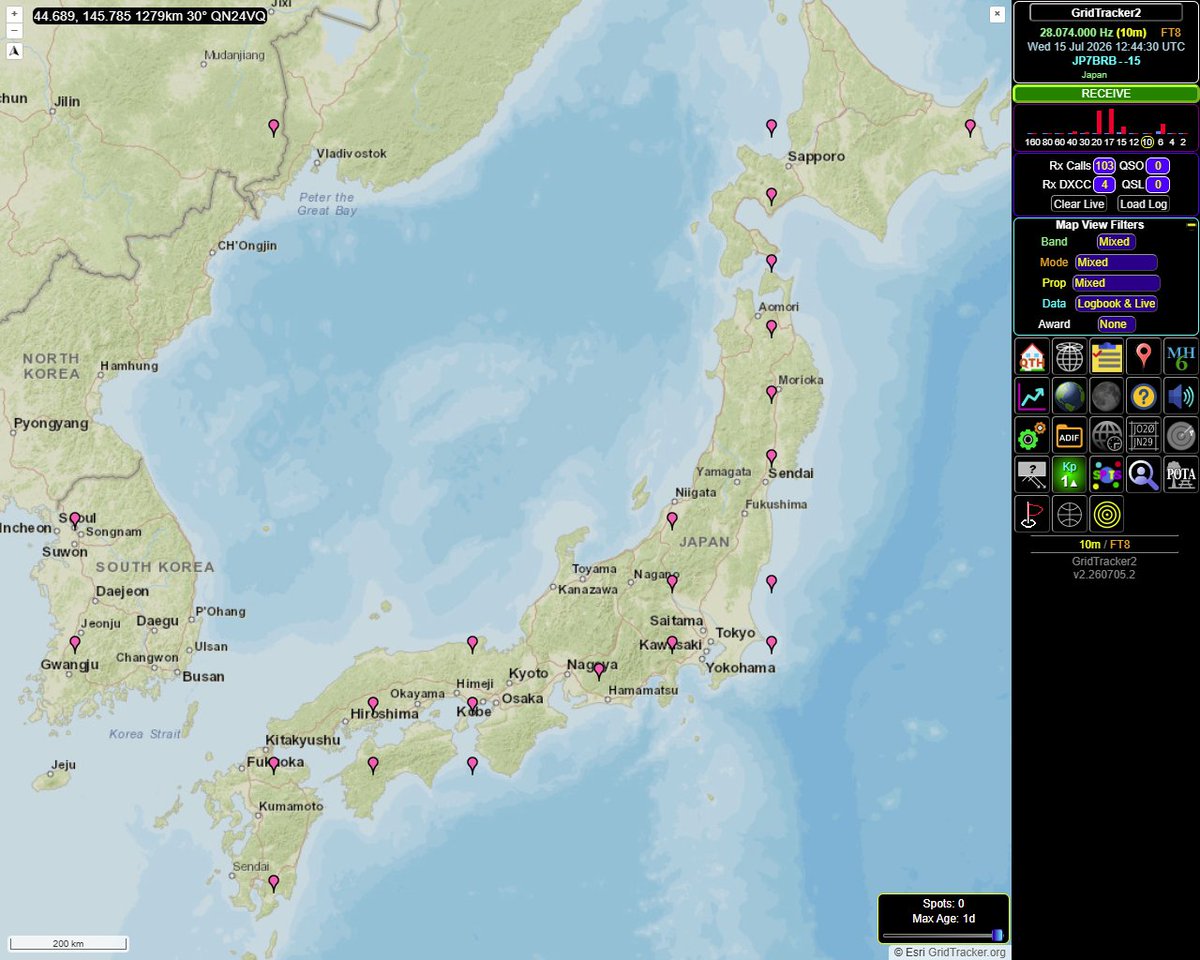 kafbow's tweet photo. 28MHz FT8受信  09-21JST
国内　九州8、四国6、中国13、東海1、関東8、信越3、東北15、北海道13局。今日はイイ感じで入りましたね(*´▽｀*)　アクティブタイムは15-20JSTでした。
海外韓国3、ウラジオ1局と、超近隣のみでした。T22TTは影もなく(ﾉ∀`)ｱﾁｬｰ https://t.co/ePMDVdJnRx