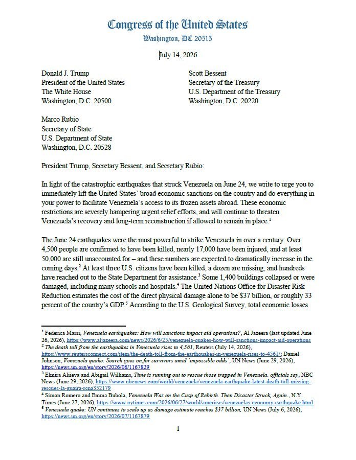 Chiqui_new's tweet photo. 🇺🇸🇻🇪 14 congresistas de EE.UU. piden a Trump levantar sanciones a Venezuela para acceder a fondos congelados para la reconstrucción

Un grupo de 14 miembros del Congreso de Estados Unidos envió una carta al presidente Donald Trump solicitando el levantamiento de las sanciones económicas generales contra Venezuela, para permitir que el país acceda a los activos congelados necesarios para las labores de socorro y reconstrucción tras los terremotos del 24 de junio.

La solicitud, reportada por el economista Francisco Rodríguez, se suma a los llamados del gobierno venezolano y de la comunidad internacional para que Washington libere los recursos bloqueados en el exterior.