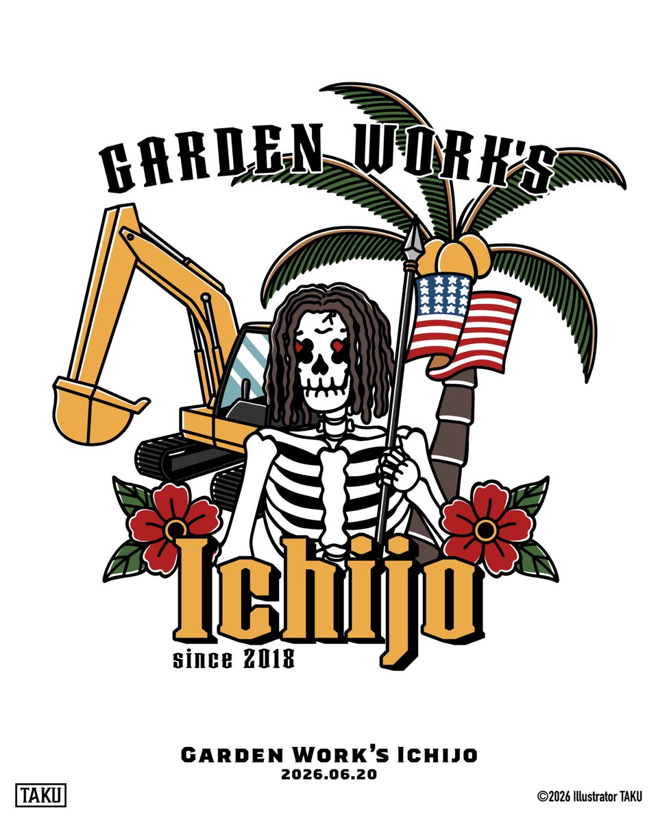 takuya_illust's tweet photo. 【ご依頼】
GARDEN WORK'S Ichijo様からのご依頼でTシャツやステッカーのデザインをしました🎨
⁡
アメリカンな外構屋ということでアメリカ国旗やヤシの木を合わせました🇺🇸🌴

 #イラスト  #illustration https://t.co/KZDFCOq7hy