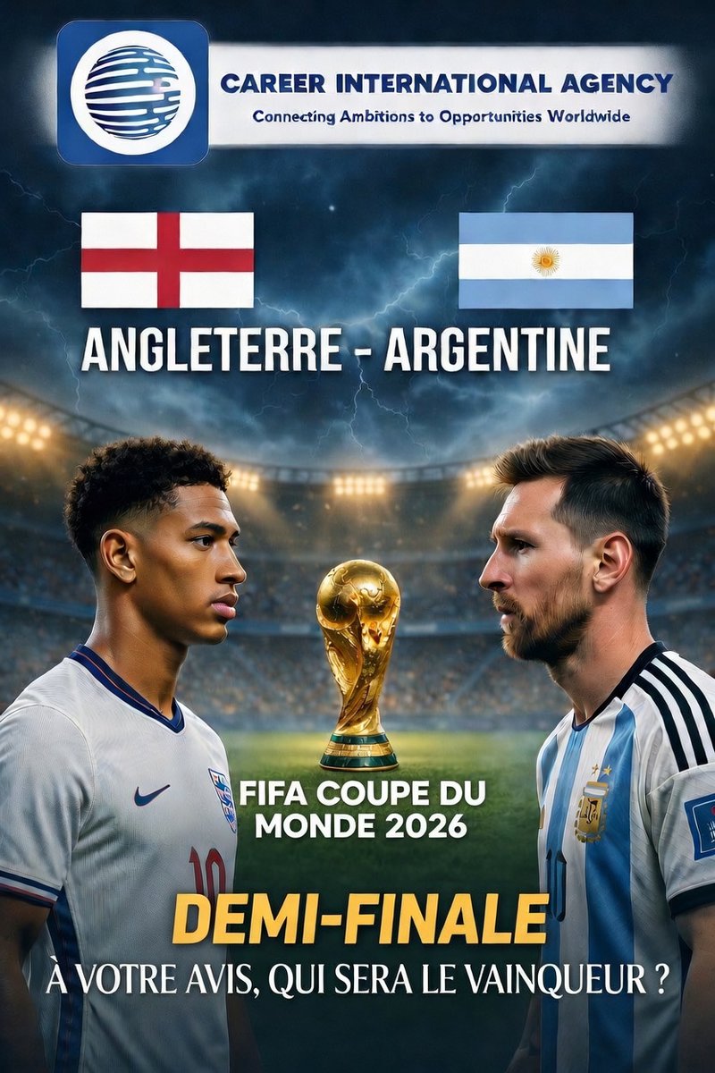 agency_car35381's tweet photo. ⚽🏆 La tension monte pour la 2ᵉ demi-finale de la Coupe du Monde !
CAREER INTERNATIONAL AGENCY voyage avec vous pour ce tour du monde exceptionnel.🤩
💬 Donnez-nous votre pronostic en commentaire et dites-nous quelle équipe vous soutenez !
#WorldCup
#DemiFinale
#Football https://t.co/TMviE8grV6