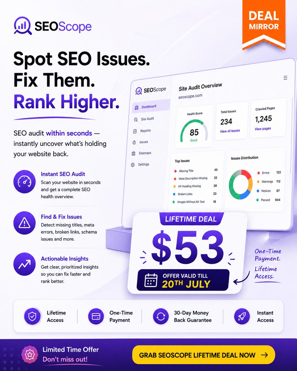 dealmirror's tweet photo. 🔥 LIMITED-TIME LIFETIME DEAL

Hidden SEO issues could be costing you traffic every single day.

Fix them before Google notices.
Get SEOScope for just $53 (One-Time Payment).

💥 Instant SEO Audit
💥 Detect Technical SEO Errors
💥 Actionable Reports
💥 Lifetime Access
💥 30-Day Money-Back Guarantee

⏰ Offer valid till 20th July.

Why pay every month when you can pay once and use it forever?

👉 Grab the deal now before it expires.

#SEO #SEOAudit #TechnicalSEO #SearchEngineOptimization #WebsiteOptimization #DigitalMarketing #MarketingTools #SEOTools #SaaS #LifetimeDeal #DealMirror #SmallBusiness #ContentMarketing #GrowthMarketing #OrganicTraffic