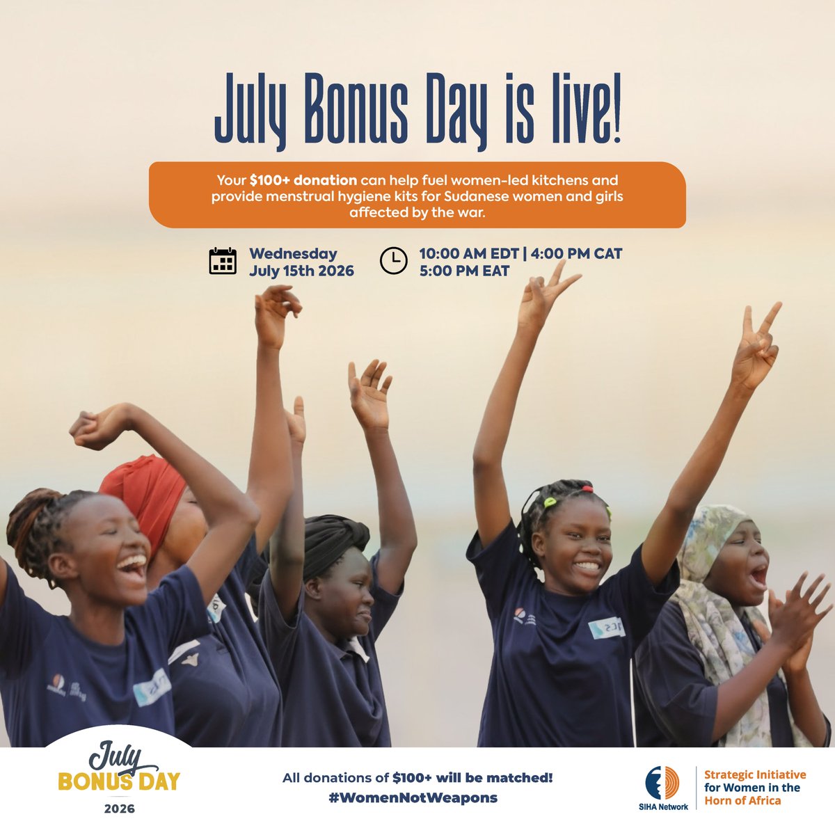 Sihanet's tweet photo. 🔴 We’re live! 

#WomenNotWeapons is part of GlobalGiving July Bonus Day. 

Your donation can help provide two urgent forms of support for Sudanese women and girls: 
- Food through women-led kitchens; and
- ⁠Dignity through menstrual hygiene kits. 

Give $100 or more today to help unlock matching funds and support women-led survival efforts in Sudan, doubling your impact on the ground.

Donate now here: https://t.co/qoq8XIEc6h  

#JulyBonusDay #GlobalGiving #Sudan #Darfur #KeepEyesOnSudan

------------------------------
@HkZuk @MynameisApes @AfriFeminists
@awdf01 @FRIDAfund @MalalaFund @SOAWR @TrustAfrica @UAFAfrica @UNTrustFundEVAW @Fikra_SD @woman_kind @unwomenafrica @NLinSudan @Halayalkarib @banglamarigold @saroyahx @YousraElbagir @JamesCopnall @gatesfoundation @QF @FordFoundation @ngowgwps @Fight4Freedm24 @karrarhamid @BSonblast @RepSaraJacobs @DavidLammy @noonforwomen @ahmadshomokh @Golama_Isies @Roaarabi2 @TheRealOlaDiab @ReemWrites @Winiomer @iReelMuaz @ShawgiMD @taggy_ @antonioguterres @errfnern @AmbRamsoekh @feministconsci1 @RadioDabanga @AfricanCentre @Sarajalilo @NidalSaad4 @m7rhman @amalhamdanelex @Kartik1178687 @Renobato_