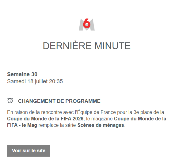 The_best_man_57's tweet photo. En raison de la rencontre avec l’Équipe de France pour la 3e place de la Coupe du Monde de la FIFA 2026, le magazine Coupe du Monde de la FIFA - le Mag remplace la série Scènes de ménages.
#CoupeDuMonde #CDM2026 #FRAANG #FRAARG https://t.co/f83vxPz8JG