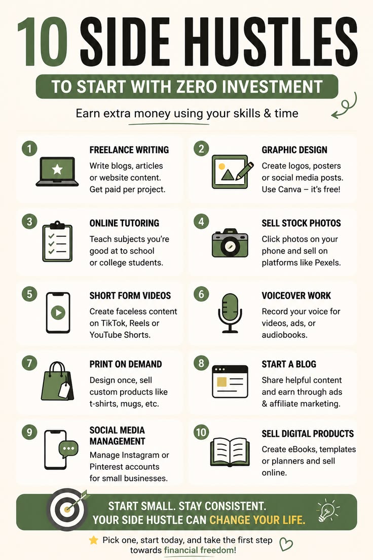 TheHabitX's tweet photo. 10 Side Hustles You Can Start with Zero Investment 💰 https://t.co/rooegjYg0B