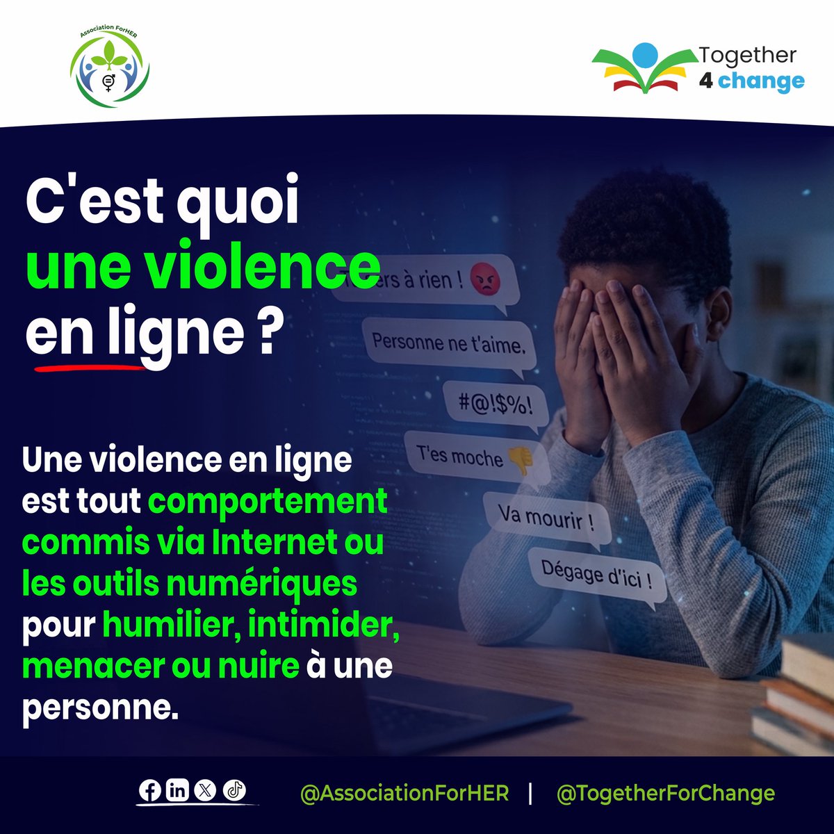 AssoForher's tweet photo. Derrière un écran, les conséquences sont bien réelles : santé mentale, études, travail et vie sociale peuvent être profondément affectés. @CollectifT4C 

#StopViolencesEnLigne 
#ResponsabilitéNumérique 
#InternetSansViolence 
#ForHER
#TogetherForChange https://t.co/XHGBEnK2dX