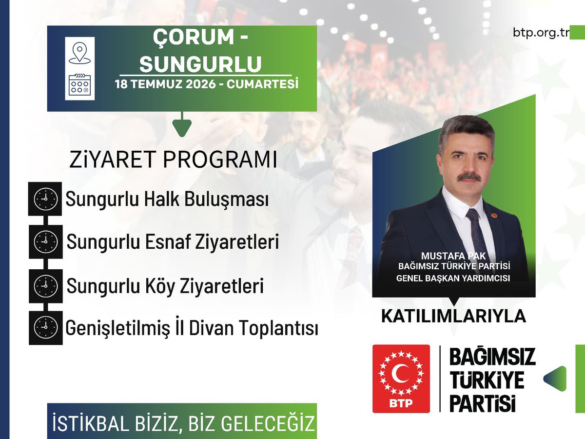 BTP_Parti's tweet photo. Genel Başkan Yardımcımız Sn. Mustafa Pak, bu hafta gerçekleştireceğimiz program kapsamında; 16, 17, 18 Temmuz Perşembe, Cuma ve Cumartesi günleri Çorum'da teşkilatımız ve halkımızla bir araya gelecek, STK ve esnaf ziyaretlerinde bulunacaktır. Ardından Çorum Genişletilmiş İl Divan Toplantısına katılacaktır.

Endişe yok, BTP var!