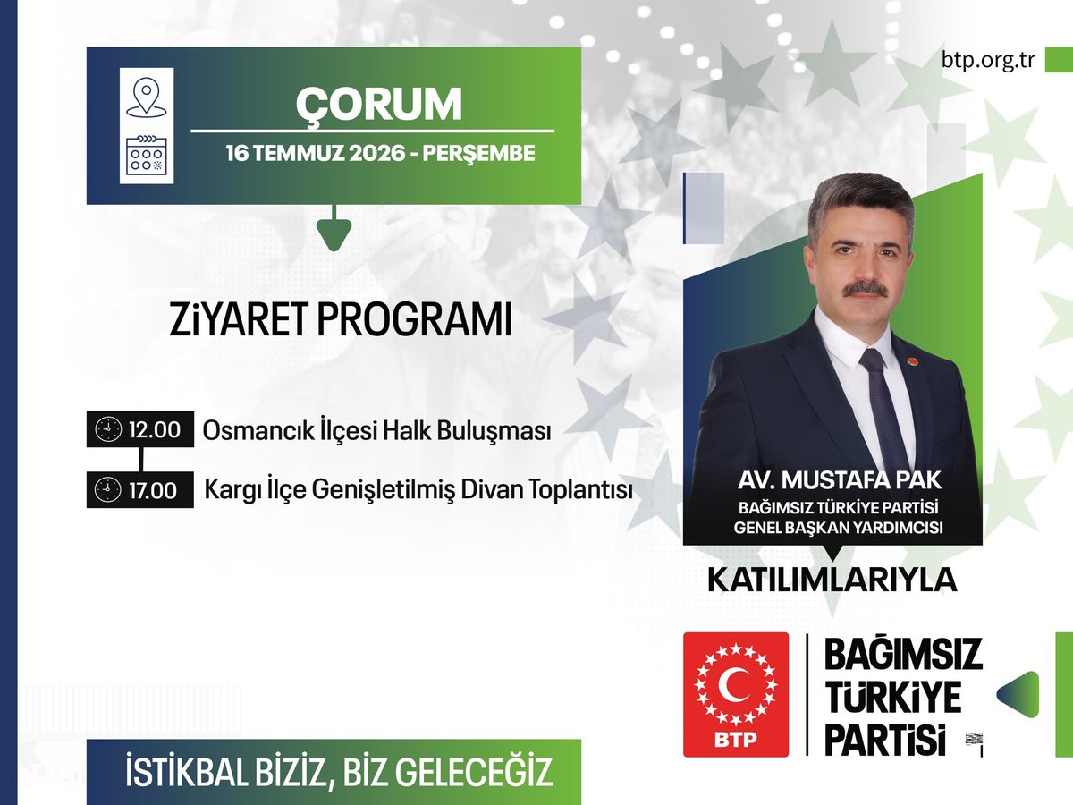 BTP_Parti's tweet photo. Genel Başkan Yardımcımız Sn. Mustafa Pak, bu hafta gerçekleştireceğimiz program kapsamında; 16, 17, 18 Temmuz Perşembe, Cuma ve Cumartesi günleri Çorum'da teşkilatımız ve halkımızla bir araya gelecek, STK ve esnaf ziyaretlerinde bulunacaktır. Ardından Çorum Genişletilmiş İl Divan Toplantısına katılacaktır.

Endişe yok, BTP var!