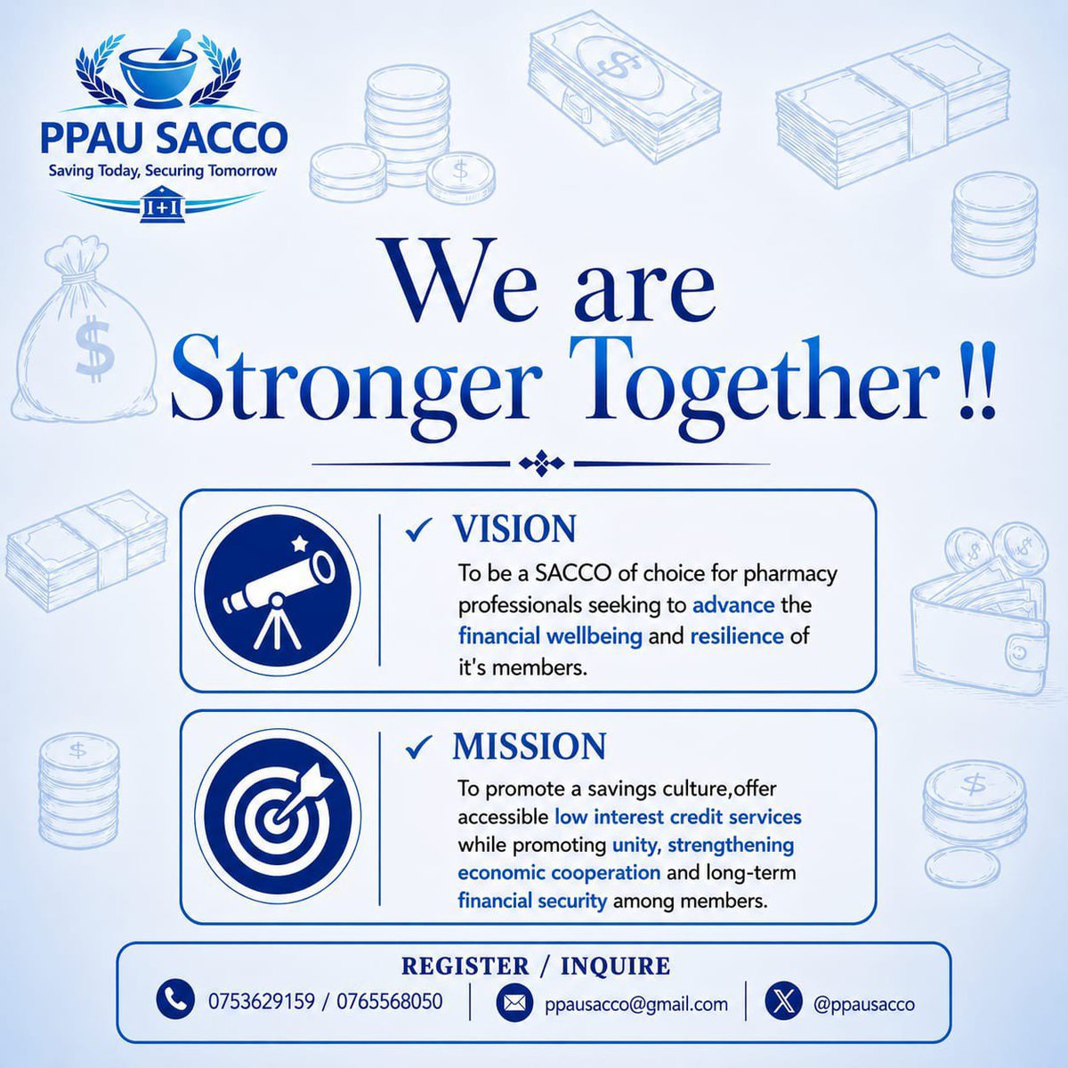 PraiseKwats's tweet photo. Are you a dispenser, pharmacy assistant or any other pharmacy professional. I have good news for you. 

You want to save your money? Then look no farther. We're here for you. 

PPAU sacco. 

Our vision: To be a SACCO of choice of all pharmacy professionals seeking to advance the financial well-being and resilience of its members

Mission: To promote a saving culture, offer low accessible low credit  services while strengthening  economic cooperation and long term financial security among members 

@PPAUSACCO