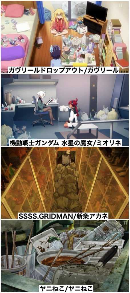 haruharuAniaka2's tweet photo. アニメに出てくる部屋が汚部屋な女性キャラたち https://t.co/ONZVwDEhxu