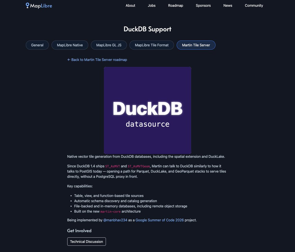 dayjournal_nori's tweet photo. DuckDB Backend for Martin Tile Server 🗺️
PostGISを挟まずGeoParquetやDuckLakeなどのデータから直接ベクトルタイルを配信できるようにする取り組み。DuckDB 1.4で導入されたST_AsMVT・ST_AsMVTGeomを利用。Google Summer of Code 2026のプロジェクト。
https://t.co/0XYbGOPEtp
#foss4g #foss4gj https://t.co/gM4ZD85dTP