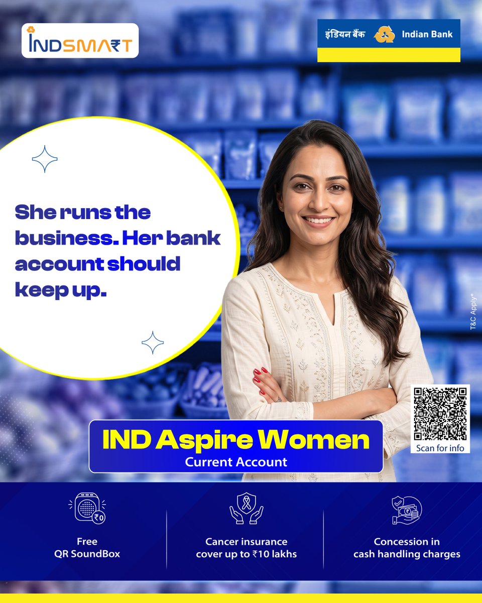 MyIndianBank's tweet photo. A current account that recognises what a woman entrepreneur actually needs, concession in cash handling charges, lifestyle benefits that match her ambition, and insurance that protects more than just her business.
Know more: https://t.co/2EXwNmmhJV 

#IndianBank #IndAspire #CurrentAccount