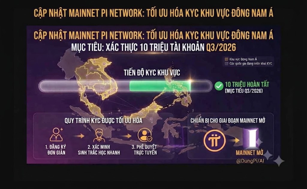 DungPi_Crypto's tweet photo. Cập nhật Mainnet và quy trình KYC cho khu vực Đông Nam Á 🔥

🎯 Pi Core Team tiếp tục tối ưu hóa quy trình KYC (Know Your Customer) cho khu vực Đông Nam Á, với mục tiêu hoàn tất xác thực cho 10 triệu tài khoản trong quý III/2026. 

Điều này cho thấy sự chuẩn bị tích cực cho giai đoạn Mainnet mở  🚀

#PiNetwork #KYC #Mainnet