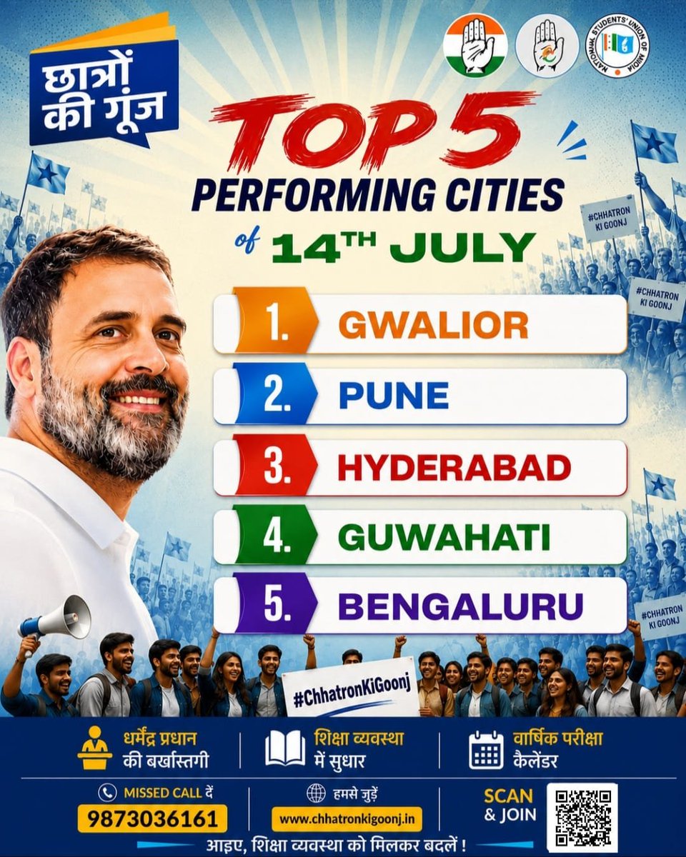 IYC's tweet photo. Congratulations to our Top 5 Performing Cities for 14th July! 🏆❤️

These cities didn't just participate they stood up for students, raised their voices and strengthened the fight against paper leaks and exam scams. ✊📚

Now let's take #ChhatronKiGoonj to every campus across India.
📞 9873036161 | 🌐 https://t.co/XoY7zPc7zF