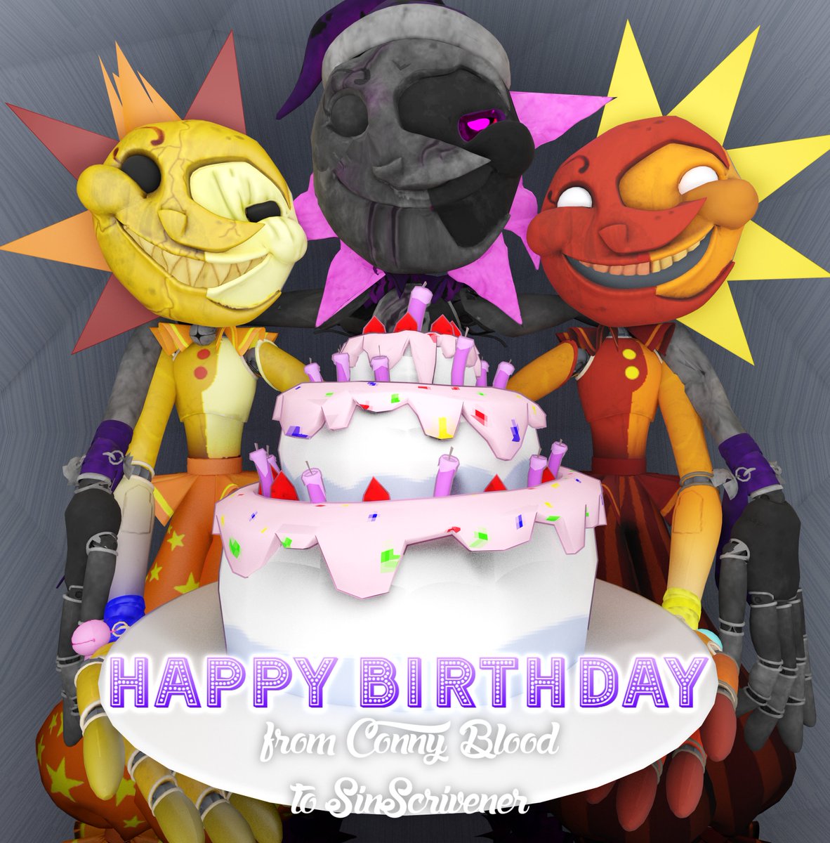 ConnyBlood's tweet photo. Happy Birthday @SinScrivener
Solar and Lunar oc by @SinScrivener
#FNAF #securitybreach #fnafsb #originalcharacters #blender
#solar #lunar #lellay https://t.co/71siL6akMX