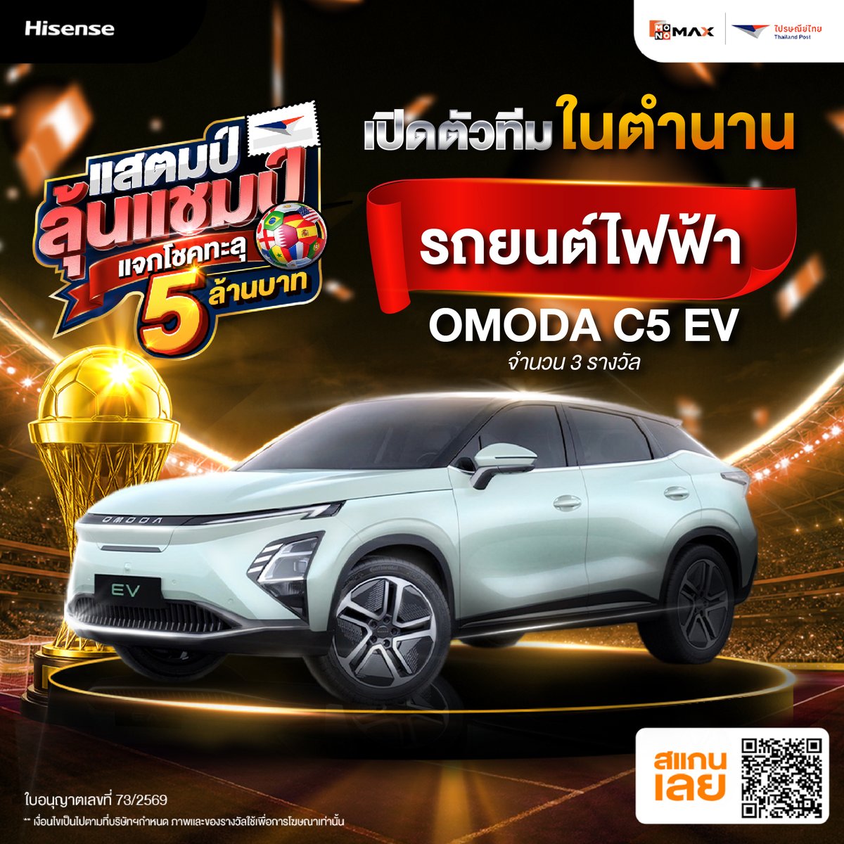 mononewsth's tweet photo. 🏆 รวมดาวแห่งวงการสุดยอดของรางวัลแห่งปี!
 ของรางวัลรวมกว่า 183 รางวัล มูลค่ารวมกว่า 5 ล้านบาท
• รถยนต์ไฟฟ้า OMODA C5 EV จำนวน 3 รางวัล
• ทองคำหนัก 1 บาท มูลค่า 65,000 บาท จำนวน 20 รางวัล
• มอเตอร์ไซด์ HONDA Scoopy 2026  จำนวน 10 รางวัล
• โทรทัศน์ Hisense ขนาด 55 นิ้ว จำนวน 50 รางวัล
• แพ็กเกจ MONOMAX Sports Premium 1 ปี จำนวน 100 รางวัล
 •  iStamp limited collection

ลุ้นโชครวมรางวัลมูลค่ากว่า 5 ล้านบาท 🎉

3 ขั้นตอนง่าย ๆ 
- เพียงดาวน์โหลดแอปพลิเคชัน Prompt Post 
- เลือกแบนเนอร์ “แสตมป์ลุ้นแชมป์” กดซื้อ iStamp ประเทศที่ชอบ
- กดยืนยัน และทำการชำระเงิน

“เท่านี้ก็มีสิทธิ์ลุ้นรางวัลใหญ่ทันที ยิ่งซื้อมากยิ่งมีสิทธิ์ลุ้นมาก”
คอมเมนต์บอกเราหน่อยว่า "ทีมโปรด" และ "รางวัลในใจ" คืออะไร?
ร่วมสนุกลุ้นล้านได้ตั้งแต่ วันนี้ - 19 กรกฎาคม 2569

คลิก👉https://t.co/QBO594YeIO

ติดตามรายละเอียดเพิ่มเติมได้ที่แอปฯ Prompt Post และ MONOMAX หรือคลิก👉 https://t.co/o4vqA6uhns
*เงื่อนไขและรายละเอียดกิจกรรมเป็นไปตามที่บริษัทฯ กำหนด โปรดศึกษารายละเอียดก่อนเข้าร่วมกิจกรรม ภาพของรางวัลใช้เพื่อการโฆษณาเท่านั้น ของรางวัลมีจำนวนจำกัด

#MONOMAX #ThailandPost #PromptPost
#แสตมป์ลุ้นแชมป์ #บอลโลก2026