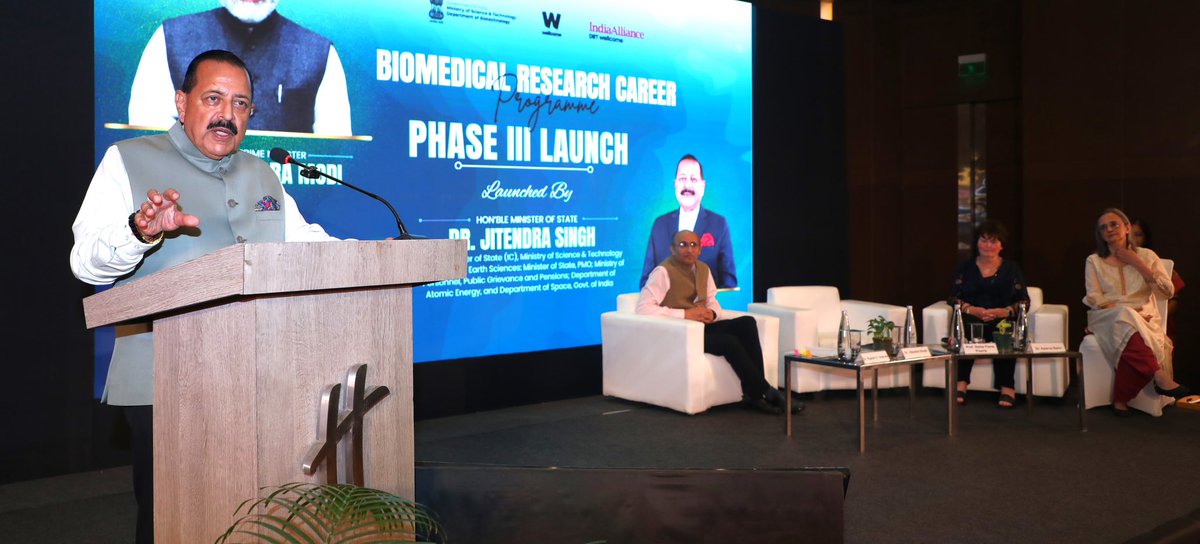 DrJitendraSingh's tweet photo. My Address at the launch of  Phase-III of the "Biomedical Research Career Programme" (BRCP) with collaborative funding by Department of Biotechnology #DBT, GoI and the London based Wellcome Trust, UK.

Takeaways:

"With a total outlay of ₹1,500 crore, including ₹1,000 crore from the Department of Biotechnology and ₹500 crore from Wellcome Trust UK, BRCP Phase-III will ensure continued support for fellowships and research grants for  nurturing a globally competitive biomedical research workforce. The decision was approved in the Cabinet meeting chaired by PM Sh @narendramodi.

The next industrial revolution will be driven by biotechnology, and India is prepared to lead it. India’s Bioeconomy is set  to reach USD 300 Billion by 2030.

Biomedical Research Career Programme has evolved far beyond a fellowship initiative and has established itself as one of  most respected  career platforms. 

The initiative has strengthened researchers not only through financial support but also by enhancing their credentials, international visibility and professional opportunities. 

The partnership between the Government of India and Wellcome Trust UK is a model of sustained international scientific collaboration and philanthropy. Look forward to greater participation by philanthropic institutions and industry for translating research into technologies, diagnostics and affordable healthcare solutions".