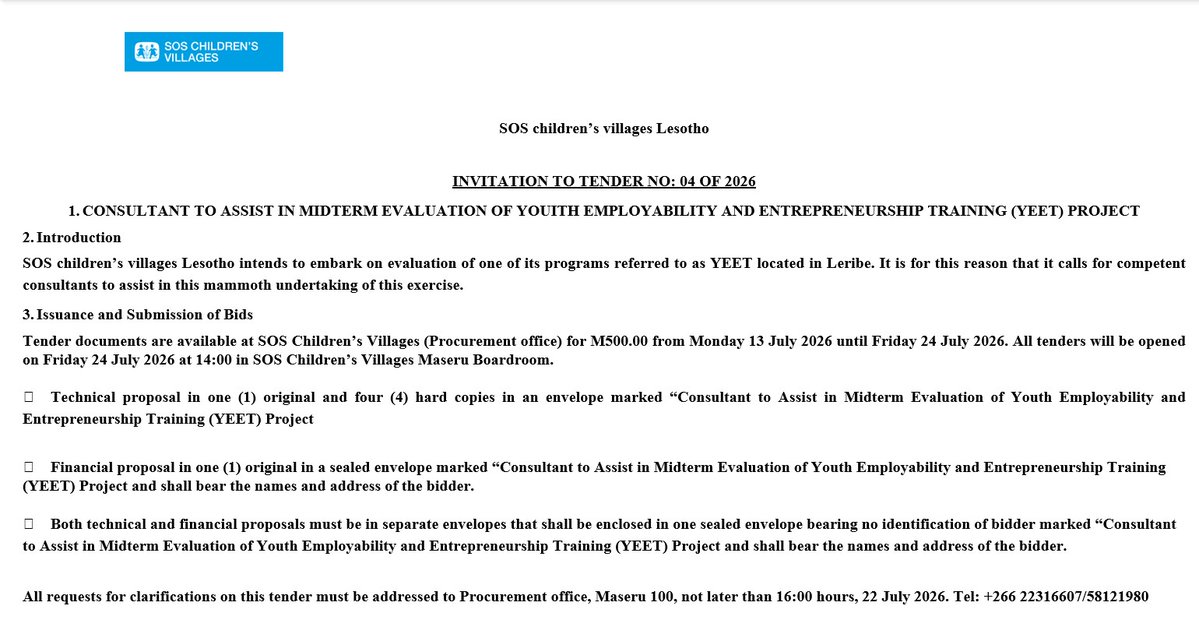 LesothoSos's tweet photo. EVALUATION TENDER @ YEET PROJECT https://t.co/6eAd3iE0qD