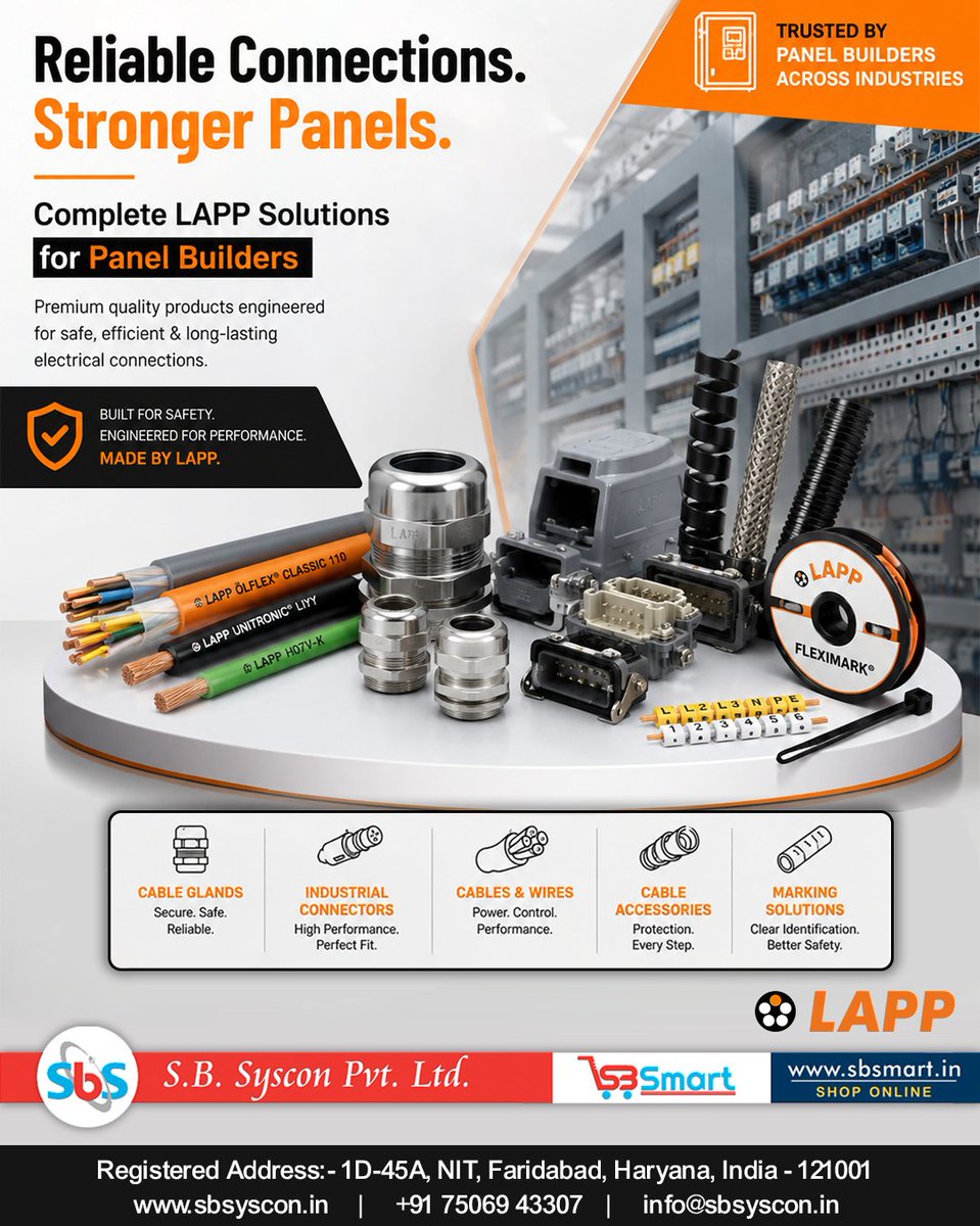 SBSyscon's tweet photo. πΆ Power Your Panel with Trusted LAPP Solutions! β‘
From cables and connectors to cable glands, accessories, and marking solutions, LAPP delivers reliable, high-performance products for every panel building application.
π https://t.co/qkMN3p7Ea0
#LAPP #LAPPCables #PanelBuilder https://t.co/r8ye4zNwbT