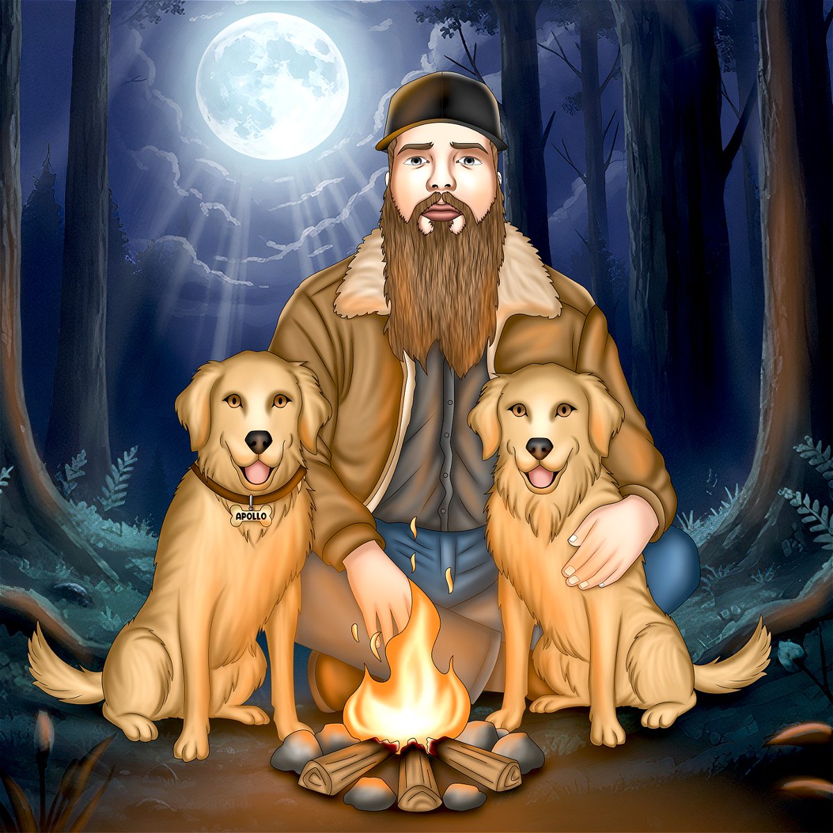 AmeliaKyee's tweet photo. Just finished this custom portrait illustration! A peaceful night in the woods, gathered around a campfire with two loyal golden retrievers under the glow of a full moon.
 #Illustration #CustomPortrait #PetPortrait #GoldenRetriever #CharacterArt #ArtistOnX #Artwork #Campfire https://t.co/zPEAJeUgFD