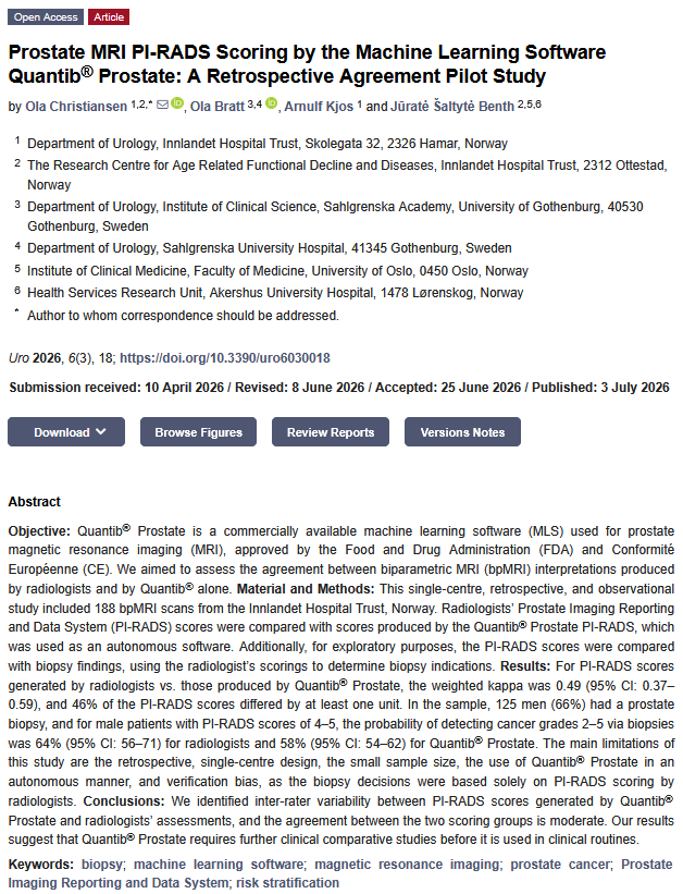 UroMdpi's tweet photo. #Article

#Prostate #MRI PI-RADS Scoring by the Machine Learning Software Quantib® Prostate

Ola Christiansen et al.  Innlandet Hospital Trust, Hamar, Norway

📖 Read the full article: https://t.co/NIqJoz8CaP

#UroJournal #MDPI #ProstateCancer #MRI #ArtificialIntelligence https://t.co/xdWi19CdCi