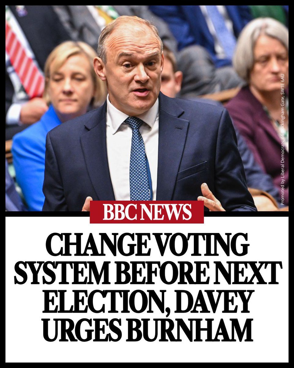 LibDems's tweet photo. Britain's broken political system needs fixing.

Proportional representation, real devolution, an elected second chamber and a written constitution would help deliver it.

If Andy Burnham is serious about changing politics, our door is open. https://t.co/SdyP6MCGXH