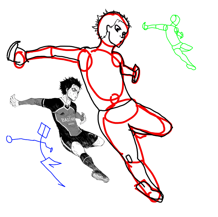 T2Tranquil's tweet photo. Isagi drawing practice. Pretty impressed with it. Got the angle of the legs incorrect, and the right arm is slightly too short (but correct proportionally). Need more face practice from different angles and a better understanding of figure motion/flow. Also hands and feet work. https://t.co/3DB3AqNOJB