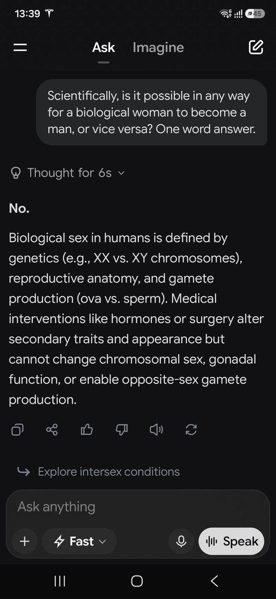 HesGotProblems's tweet photo. It turns out Men definitely cannot become Women or vice versa. Chat GPT, Grok &amp; Gemini all agree, so it must be true right?
#AI https://t.co/wIyEksVMBZ