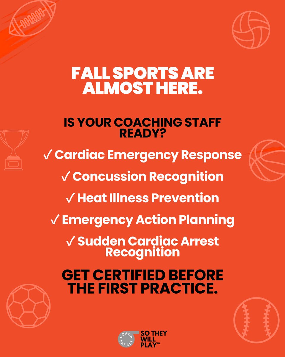 CoachSafely's tweet photo. Fall sports are almost here. 

Is your coaching staff certified? 

Get trained in cardiac emergencies, concussions, and heat illness before the first practice. 

https://t.co/9q3vtXn7id https://t.co/cXUHx79INy