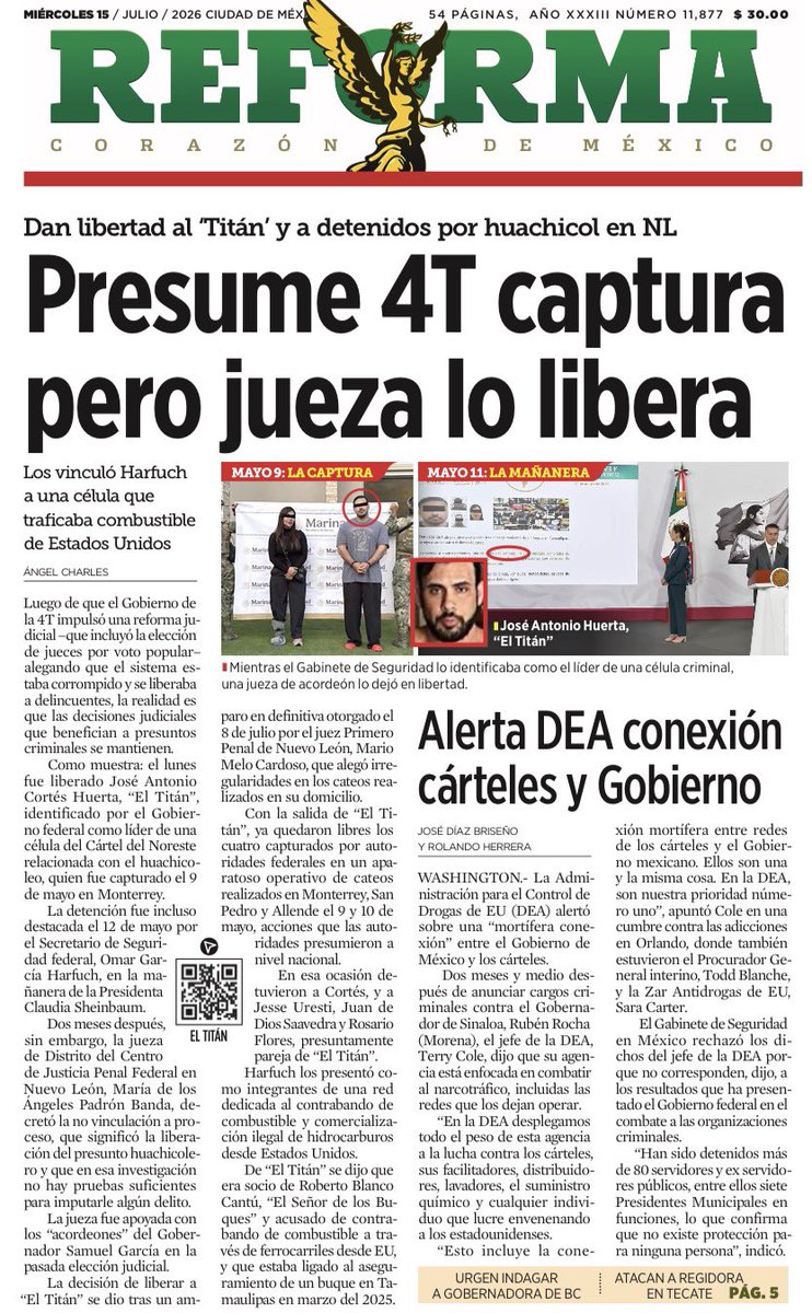 bereaguilarv's tweet photo. ¡Qué papelón!

Se les hizo tarde para montar la conferencia, presumir la captura de El Titán -ligado al Cártel del Noreste- y presentarlo  como un gran golpe contra el huachicol.

Después, una jueza del bienestar lo deja en libertad. 

Se adueñaron del Poder Judicial para que los narcos salieran por la puerta de atrás mientras presumen “resultados”.