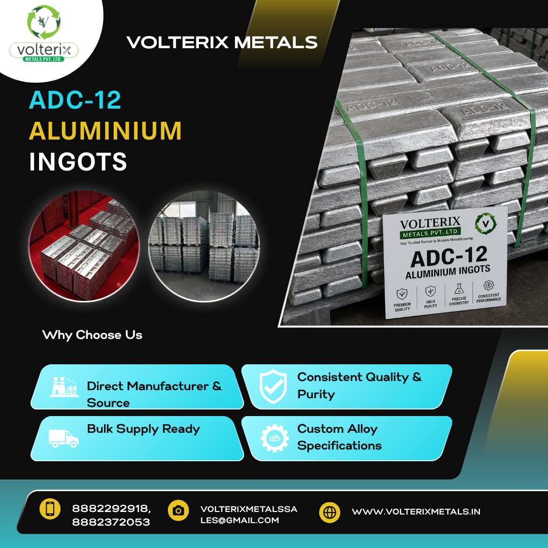 VolterixMetals's tweet photo. Premium ADC-12 Aluminium Ingots built for strength, consistency, and precision. Direct from the manufacturer with reliable bulk supply, competitive pricing, and on-time delivery.
#ADC12 #AluminiumIngots #VolterixMetals #BulkSupply #DieCasting #MadeInIndia https://t.co/Opv3hqnm69