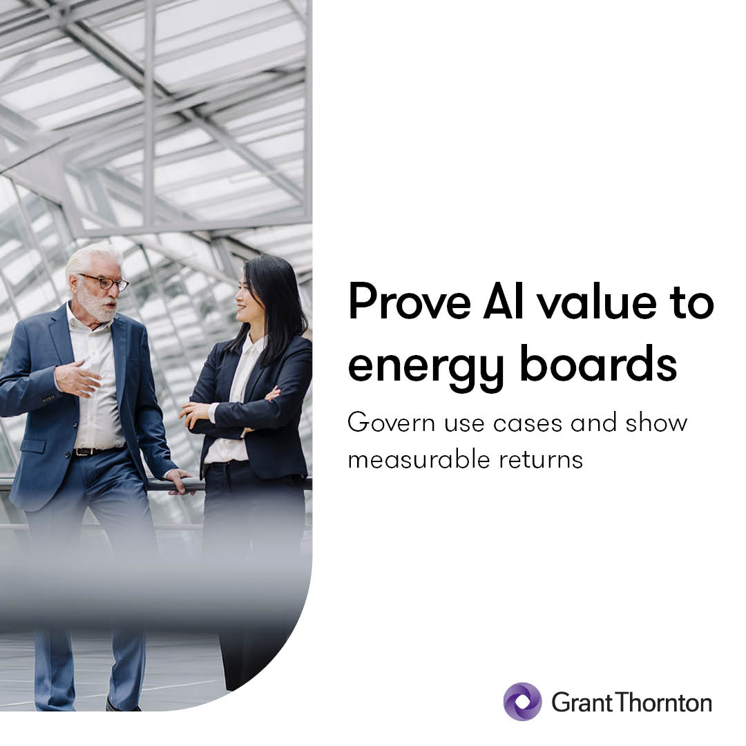 GrantThorntonUS's tweet photo. As AI spending rises, energy boards want answers. Leaders need more than AI initiatives — they need clear governance and a disciplined approach to prioritizing use cases that align investment, risk and business value. Explore our insights. https://t.co/hoDIeNGWTZ https://t.co/Ck3tBEgTXo