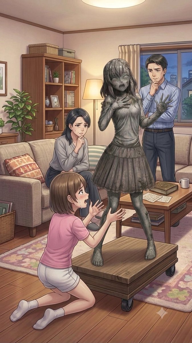 sen_custom's tweet photo. 妹は石像をリビングに運び両親を呼ぶ。
両親の目の前には娘の形をした石のオブジェ。まだ中学生の妹が買えるはずもない。そして連絡のつかない娘。
両親は娘はスマホを忘れて出かけた、この石像はただのインテリア…と現実から逃れようとするが妹の涙がそれを否定する。 https://t.co/3ELo6R1z08