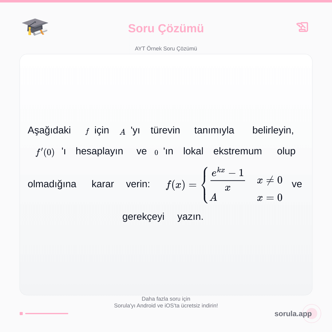 SorulaTest's tweet photo. Türevin tanımını kullanarak gizli parametreyi çözün!
#yks #ayt #tyt #lgs #matematik #türev #limit #lhospital #sınavhazırlık #çalışmakazan https://t.co/WQIOeBF57w
