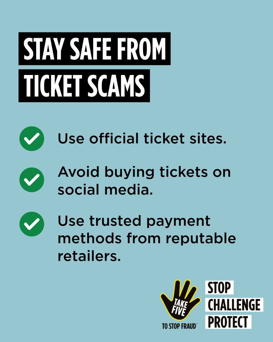 TakeFive's tweet photo. Sometimes FOMO takes over. 🎫

Stay safe from ticket scams – always use official ticket sites or official resellers. Always stop and think before you buy. If it seems ‘too good to be true’ it probably is.

Share this with a friend to keep them safe from ticket scams this summer. 🔒